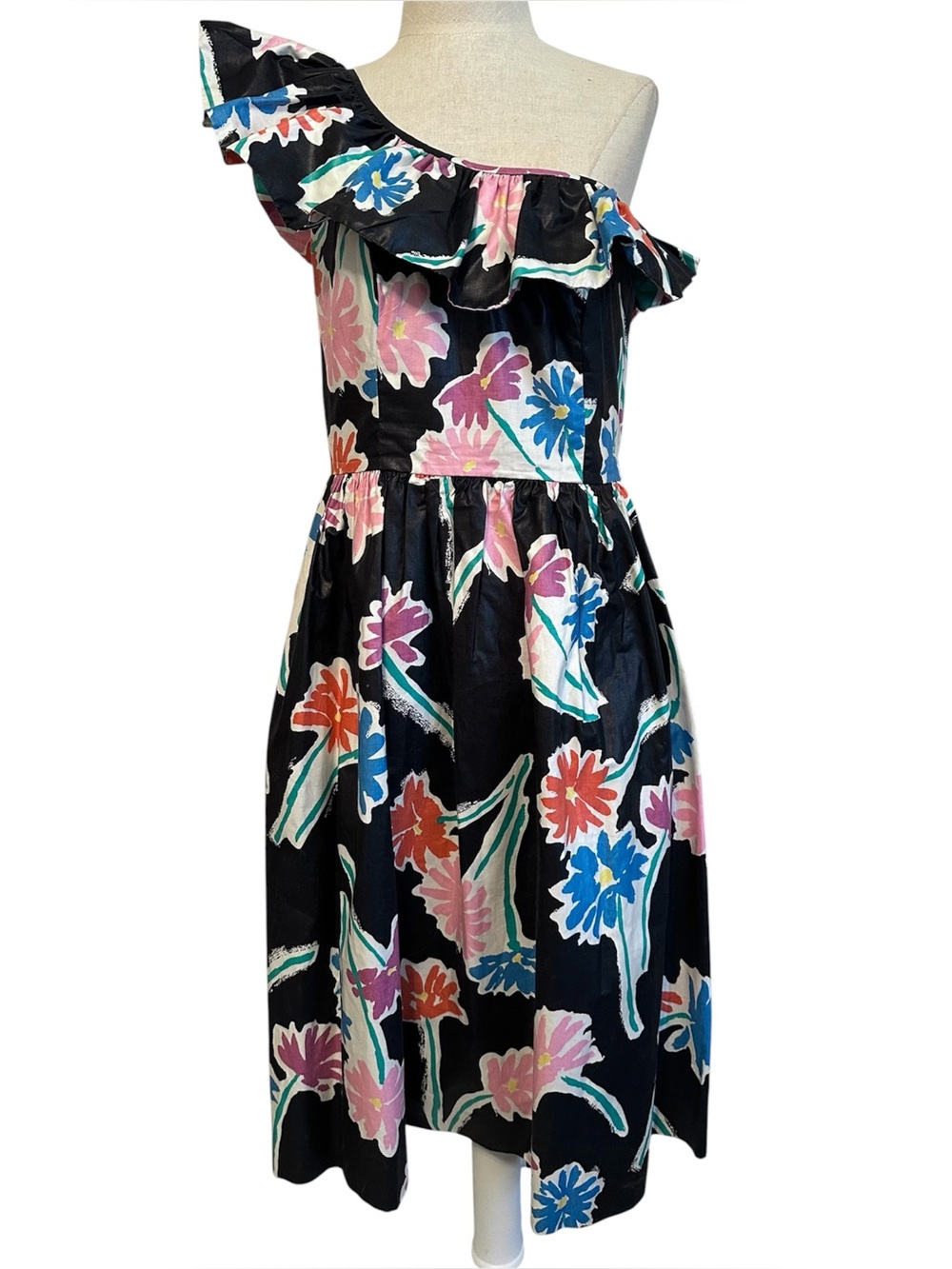 Vintage 80s Blair Woolverton Floral Print One Shoulder Ruffle Dress 10
